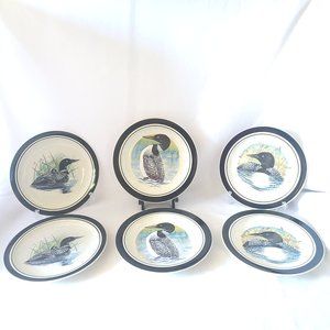 Folkcraft Loon Lake Small Plates Set Of 6 Salad Dessert Cabin Lodge Stoneware